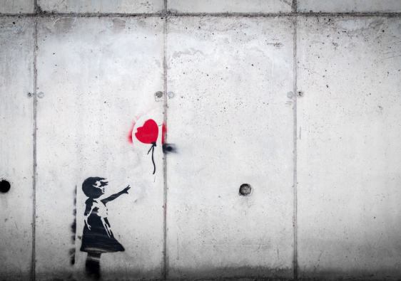 girl in black dress and red balloon